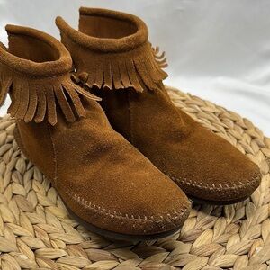 Fringed Suede Back Zip Moccasin  Ankle Boots